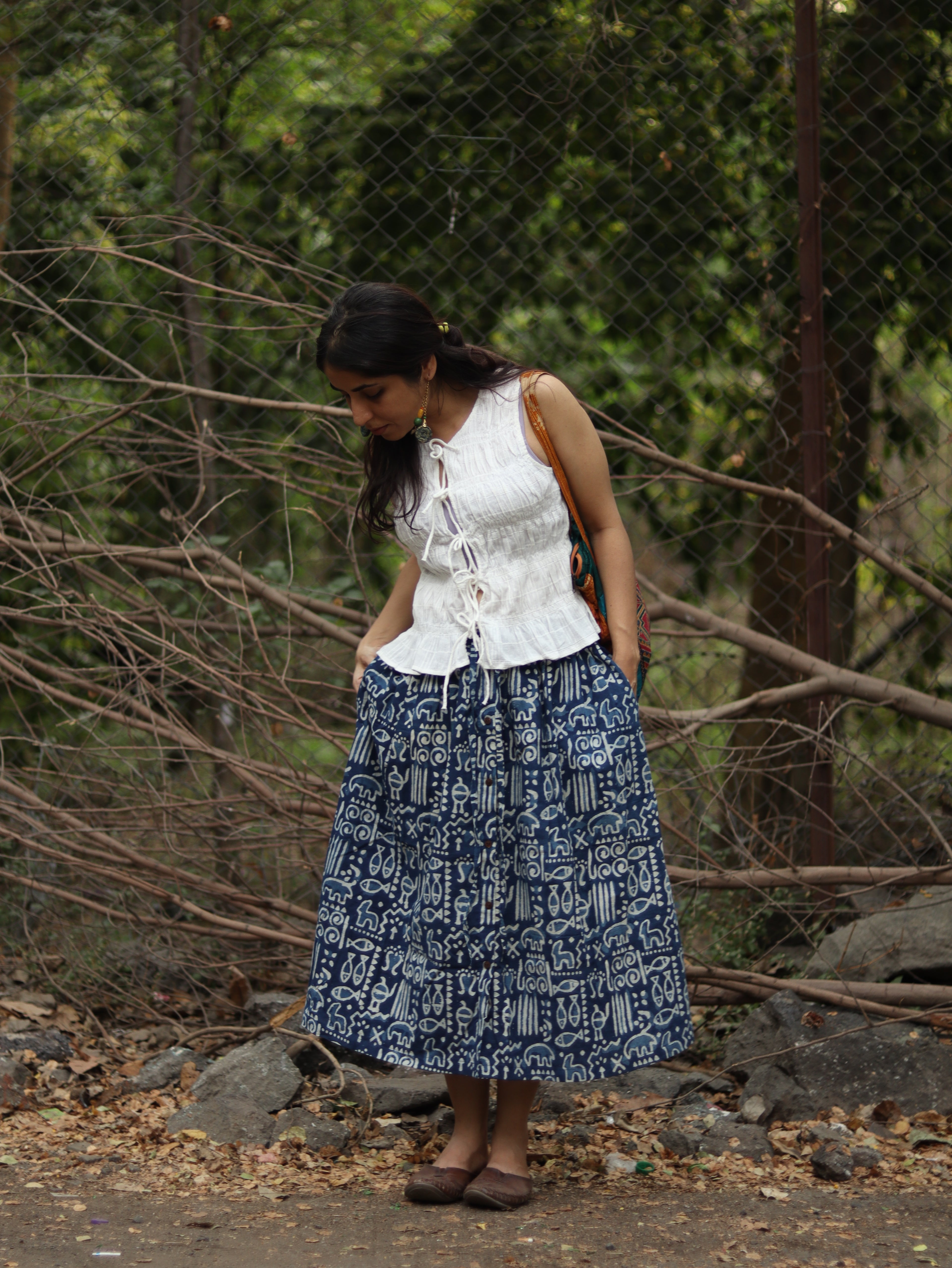 Indigo Folk Midi Skirt