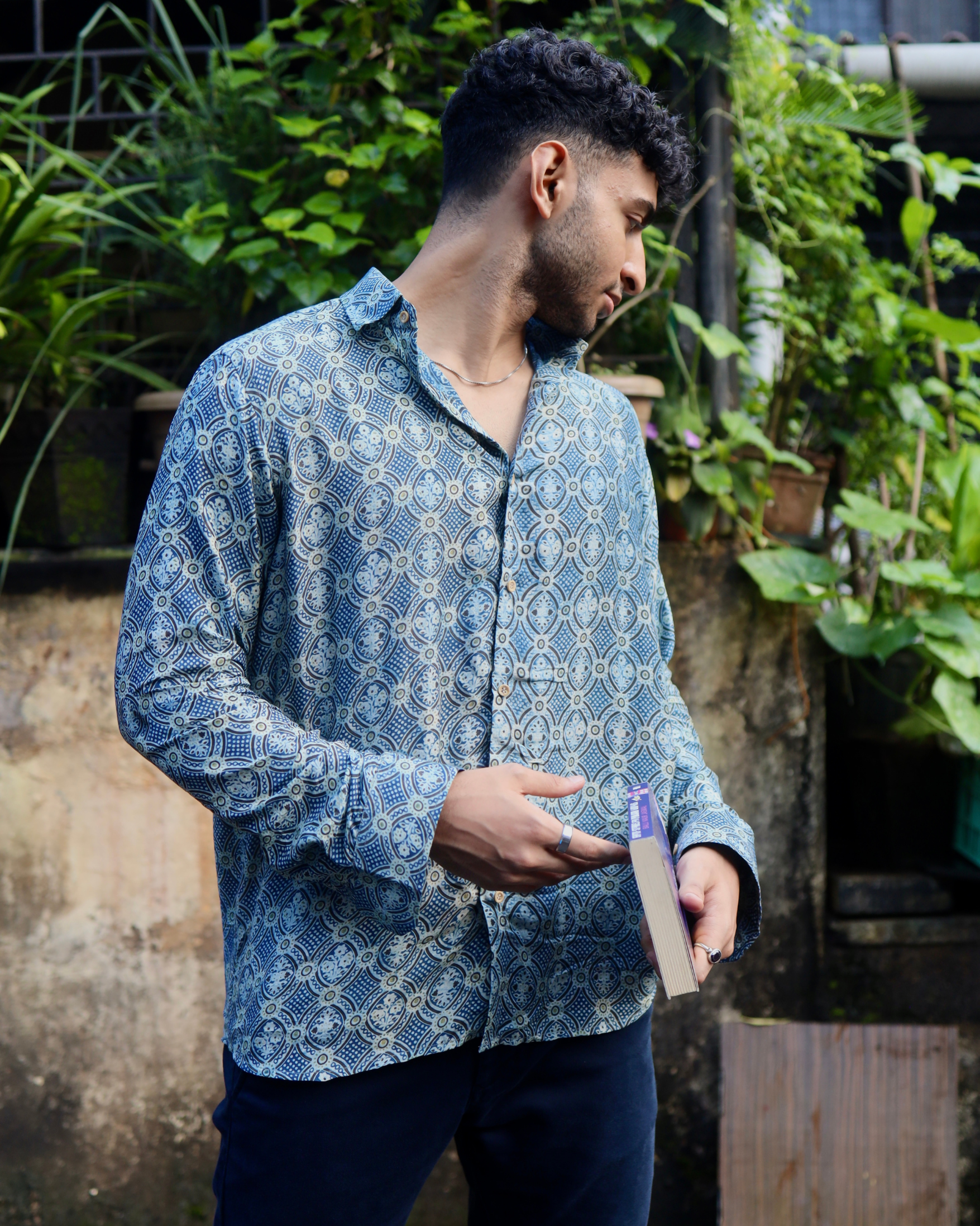 Blue-Grey Geometry Ajrak shirt